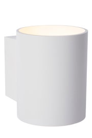 Moderne weiße Wandleuchte in zylindrischer Form, seitliche Perspektive