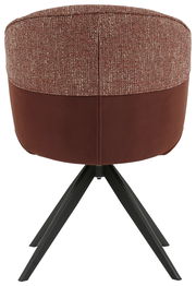 Rückansicht eines Armlehnstuhls mit rotbraunem Stoffbezug und schwarzen Metallbeinen.