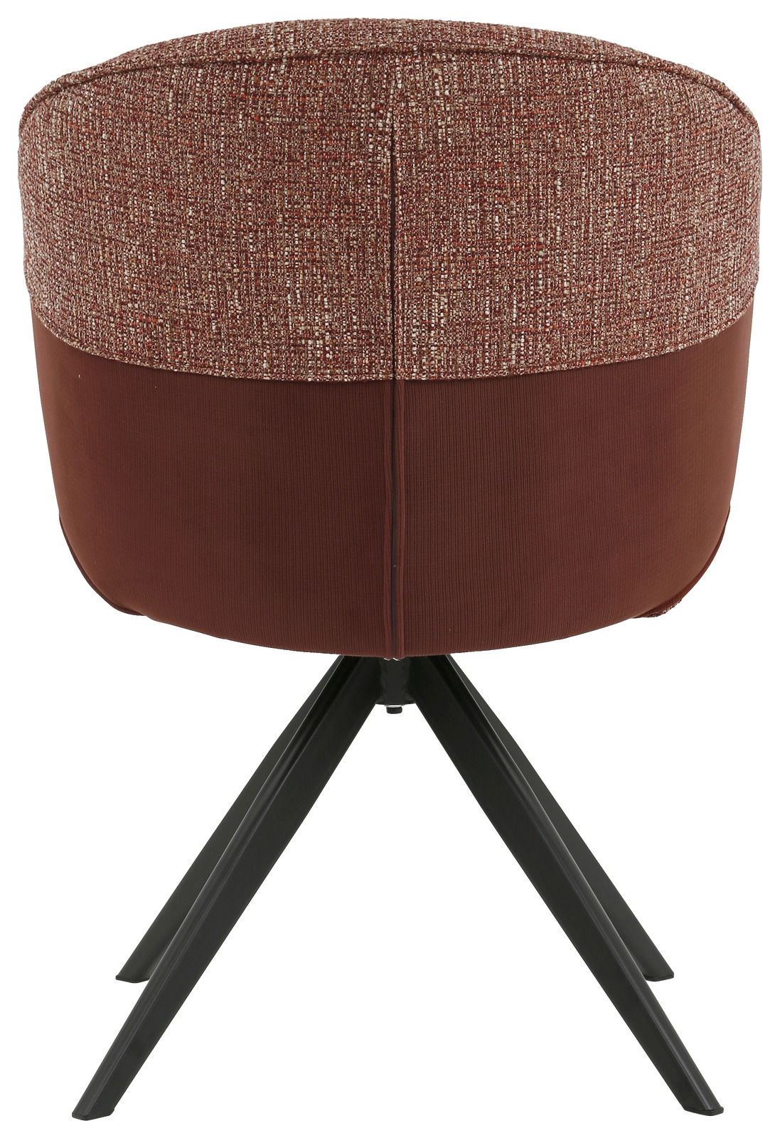 Rückansicht eines Armlehnstuhls mit rotbraunem Stoffbezug und schwarzen Metallbeinen.