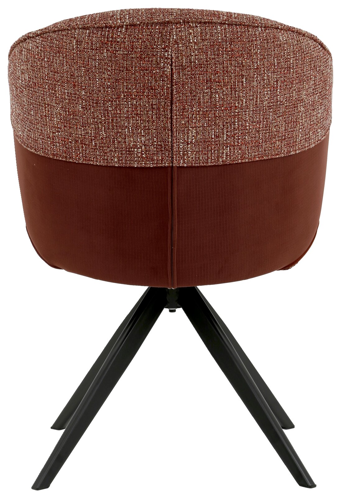Achterkant van een fauteuil met roodbruine stoffen bekleding en zwarte metalen poten.