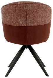 Achterkant van een fauteuil met roodbruine stoffen bekleding en zwarte metalen poten.