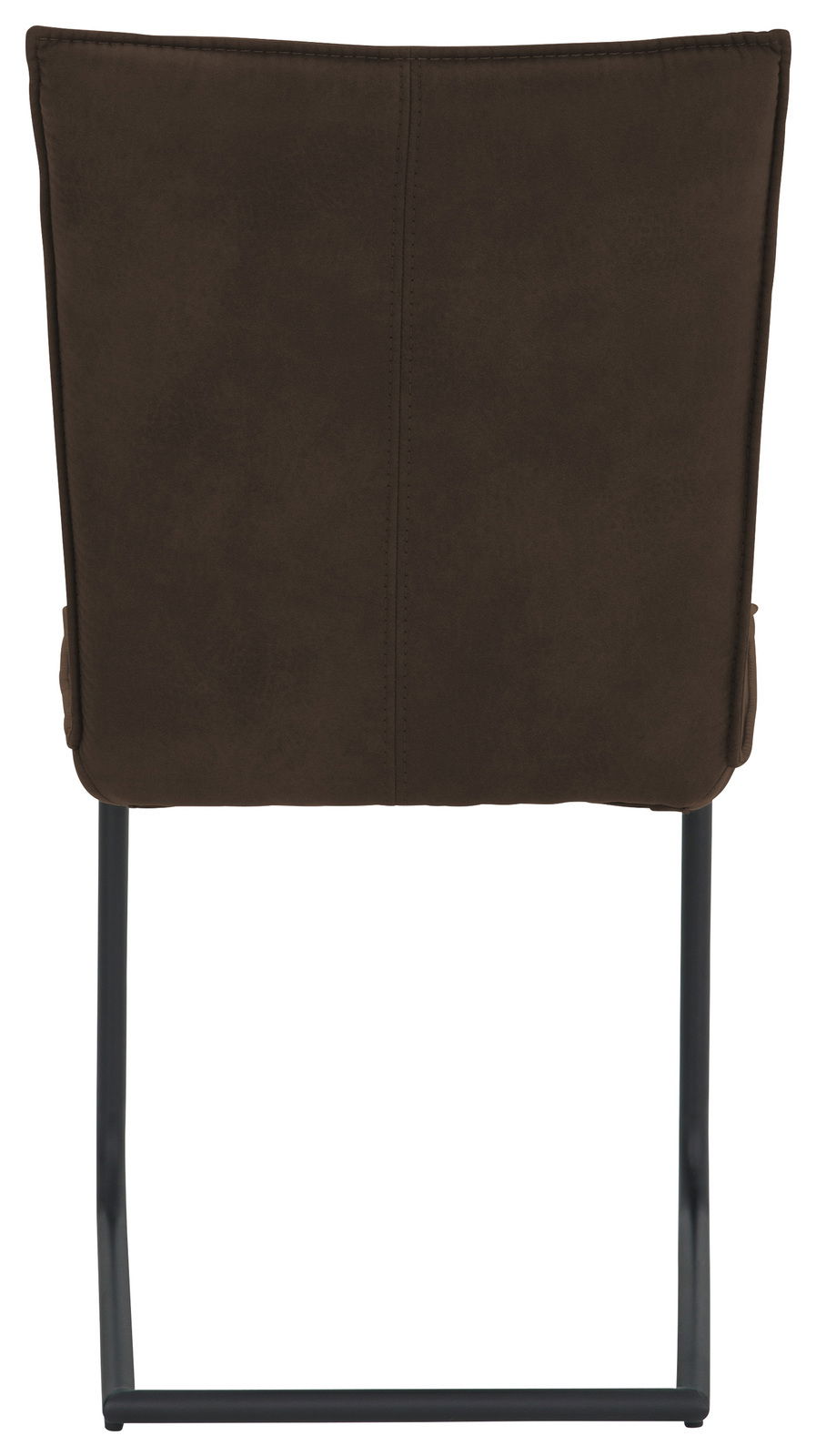 Rückansicht eines braunen Freischwinger-Stuhls mit schwarzem Metallgestell.