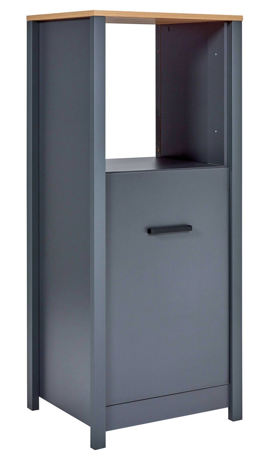 Herd-Umbauschrank in grauer Farbe mit Holzoberfläche, frontal betrachtet