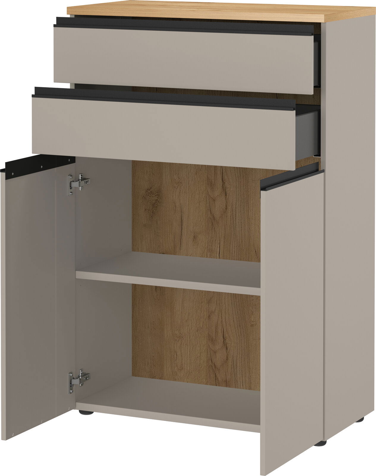 Aktenschrank mit zwei offenen Schubladen und einer geöffneten Tür, aus Holz und Metall, in einer schrägen Perspektive.