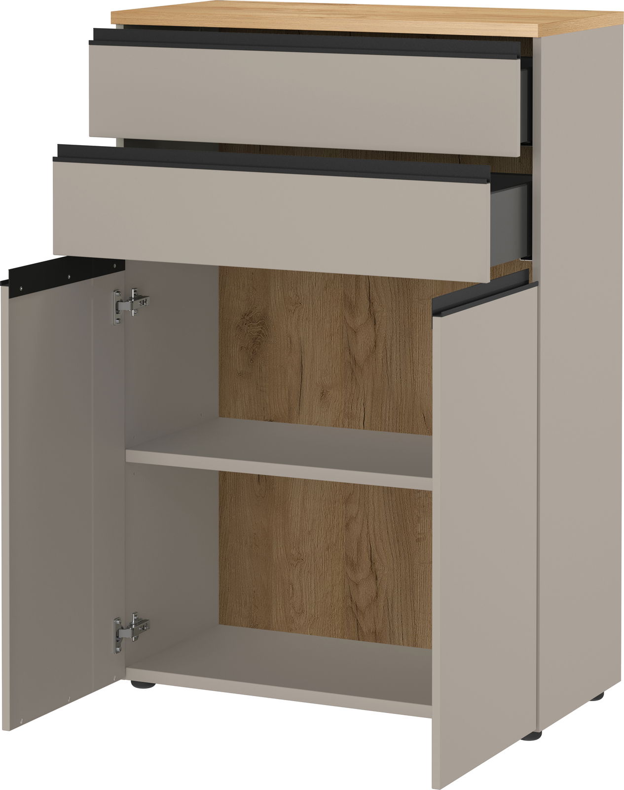 Aktenschrank mit zwei offenen Schubladen und einer geöffneten Tür, aus Holz und Metall, in einer schrägen Perspektive.