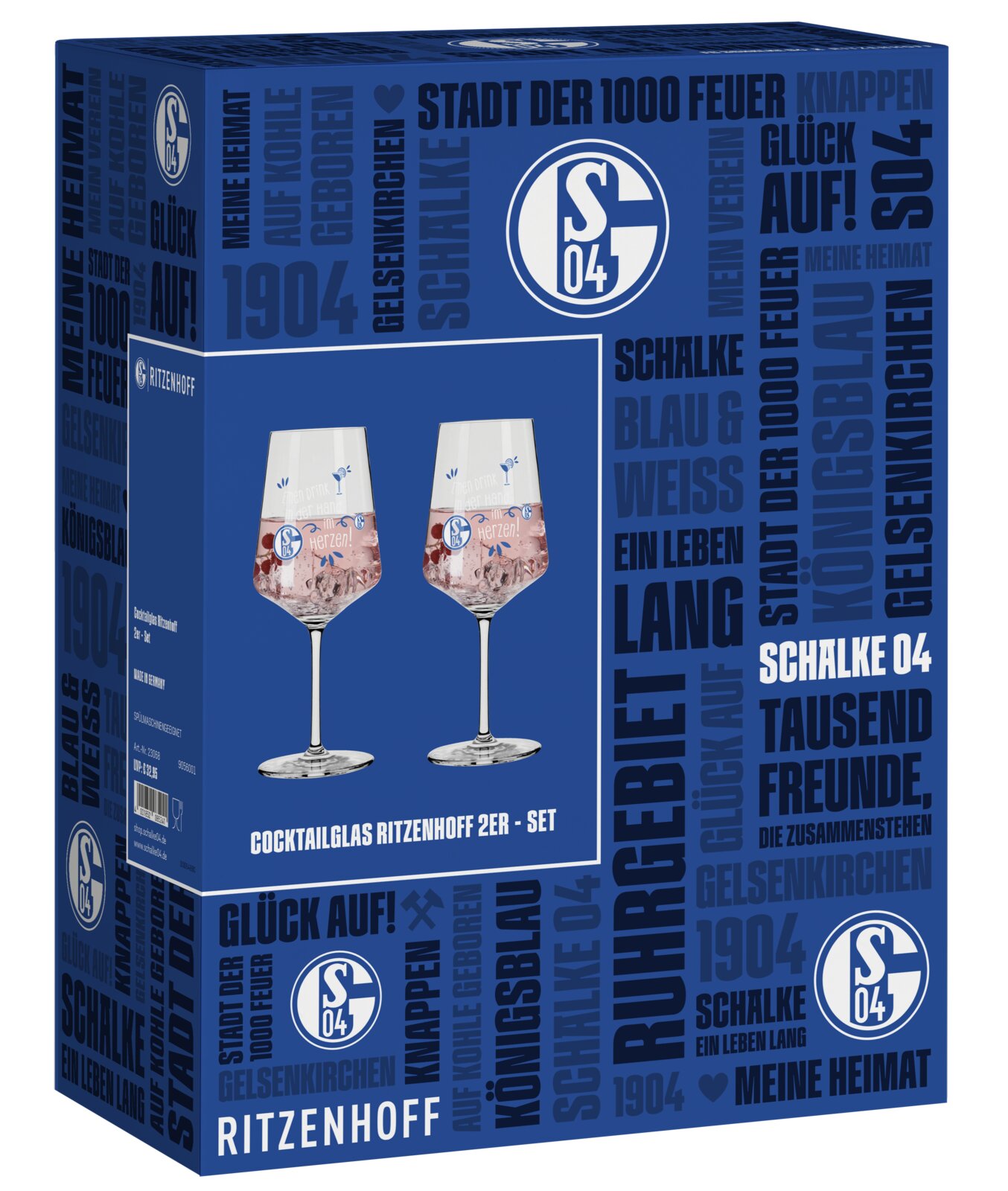 Ritzenhoff Cocktailglas-Set mit zwei FC-Schalke-04-Gläsern in blau gestalteter Geschenkverpackung, aus schräger Frontansicht mit sichtbarer linker Seite