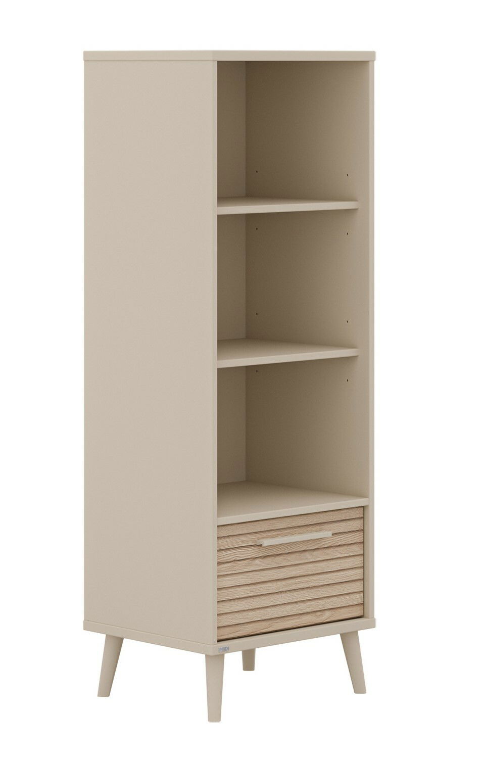 Schmales Standregal Paidi EEFJE mit zwei offenen Fächern und einer Schublade, seitliche Perspektive