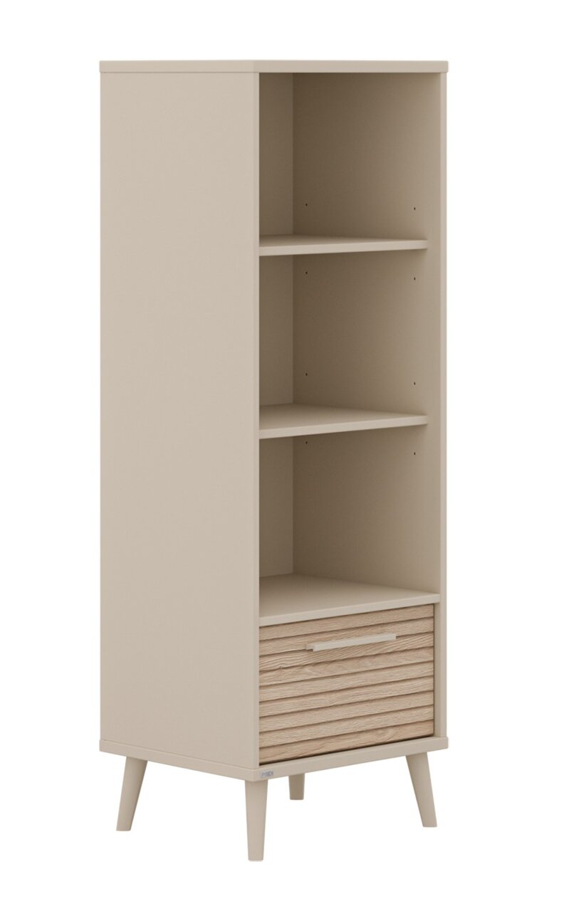 Schmales Standregal Paidi EEFJE mit zwei offenen Fächern und einer Schublade, seitliche Perspektive