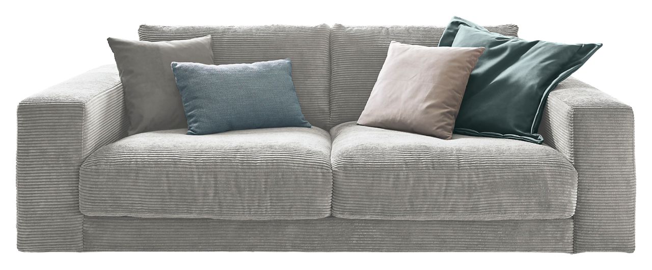 Lounge Handmade Sofa 2-Sitzer LH-SAMBIA Graues 2-Sitzer-Sofa mit vier Kissen in verschiedenen Farben, Vorderansicht