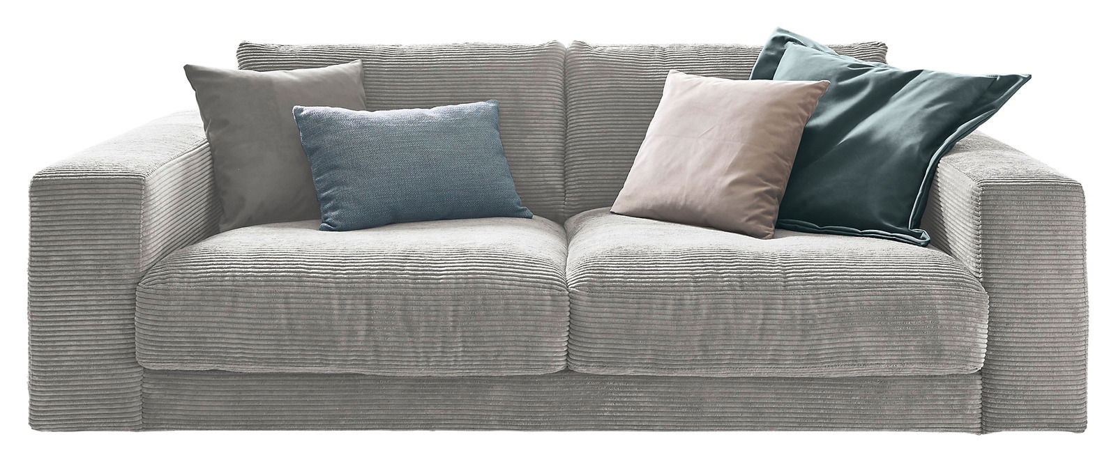 Graues 2-Sitzer-Sofa mit vier Kissen in verschiedenen Farben, Vorderansicht
