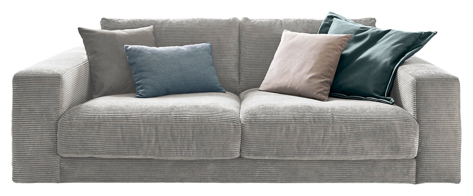 Graues 2-Sitzer-Sofa mit vier Kissen in verschiedenen Farben, Vorderansicht