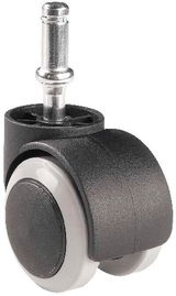 Nahaufnahme einer schwarzen Doppelrolle mit grauem Rad und Metallstift, seitliche Perspektive