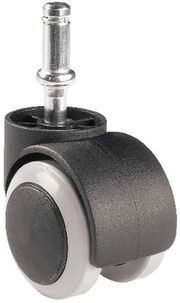 Nahaufnahme einer schwarzen Doppelrolle mit grauem Rad und Metallstift, seitliche Perspektive