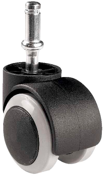 Nahaufnahme einer schwarzen Doppelrolle mit grauem Rad und Metallstift, seitliche Perspektive