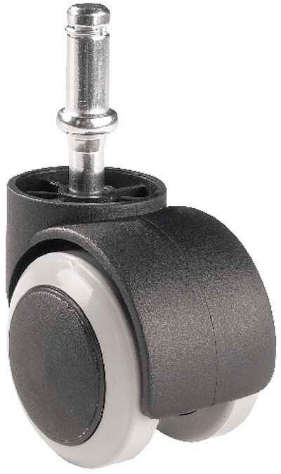 Nahaufnahme einer schwarzen Doppelrolle mit grauem Rad und Metallstift, seitliche Perspektive