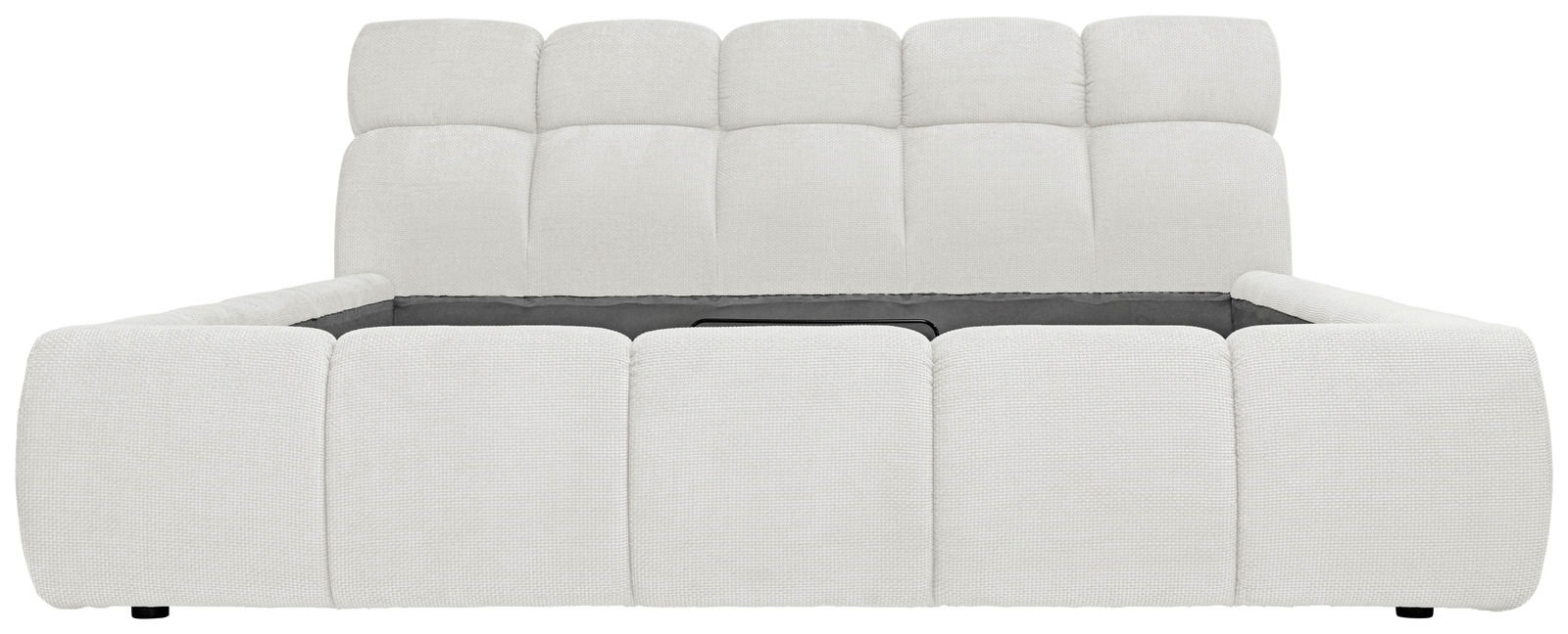 Frontale Ansicht eines weißen Polsterbettgestells mit gepolstertem Kopfteil und Seiten.