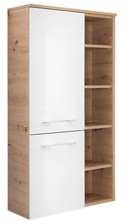 Moderner Midischrank mit weißer Hochglanzfront und Holzoptik, seitliche Regalfächer, Perspektive von vorne links