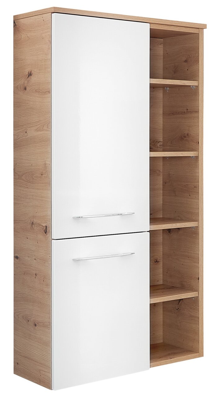 Moderne middelhoge kast met wit hoogglansfront en houtlook, opbergvakken aan de zijkanten, aanzicht van links vooraan