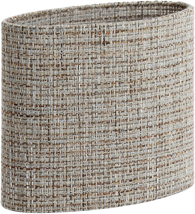 Ovale, grijs-beige lampenkap met grof geweven textiel, schuin van voren en iets van boven afgebeeld