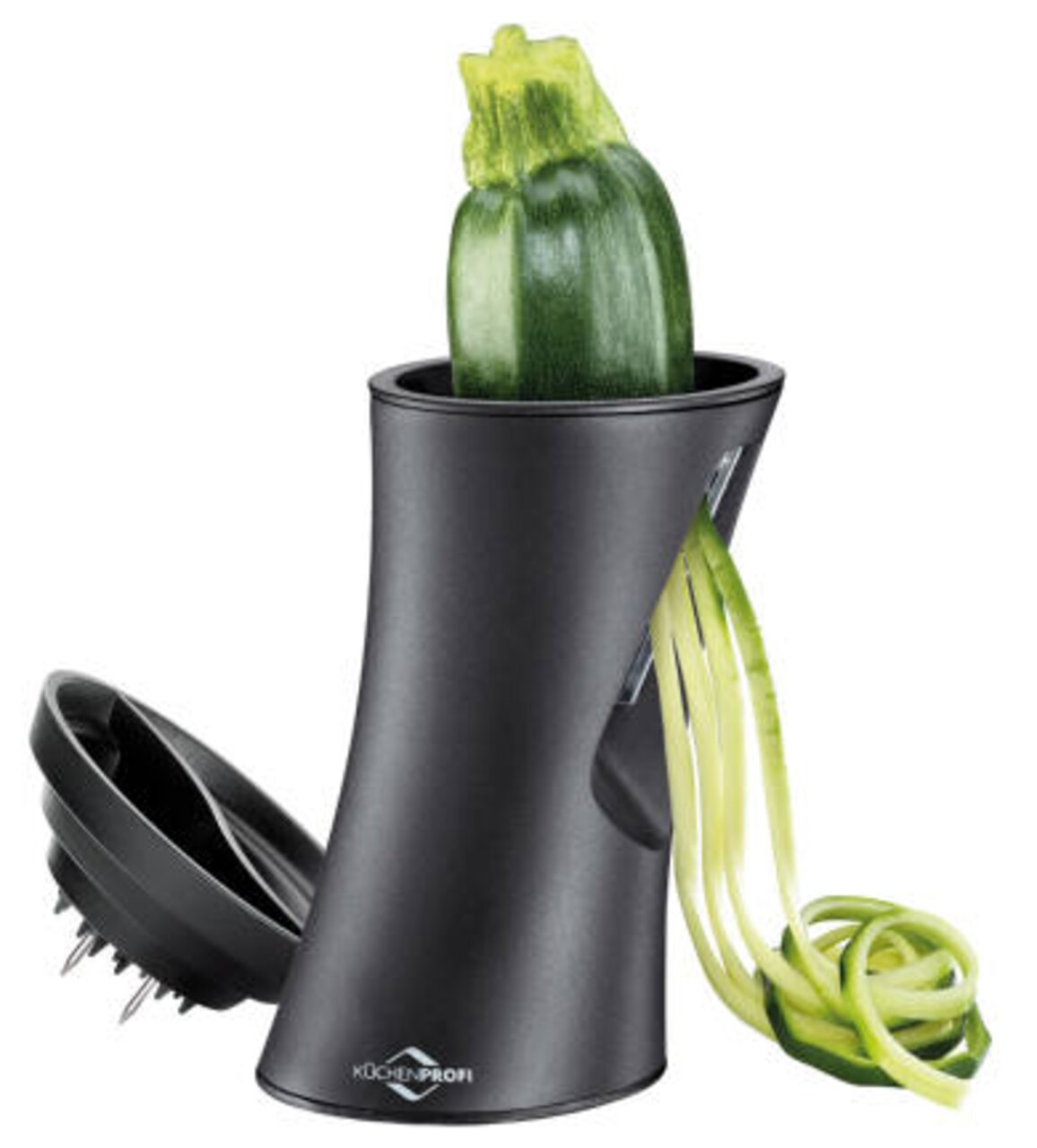 Spiralschneider Julienna in seitlicher Perspektive mit einer Zucchini, die in Spiralen geschnitten wird.