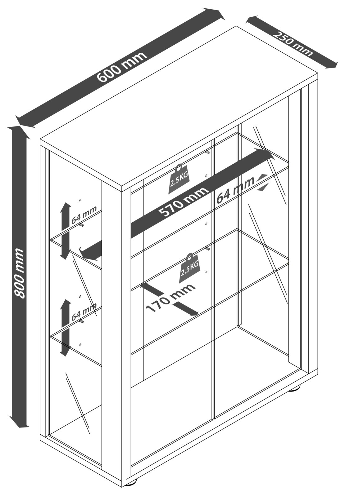 Technische Zeichnung einer Vitrine mit Glas-Schiebetüren, Maße ca. 600×250×800 mm, Regalabstände 64 mm und Fachbreiten 570 mm/170 mm, perspektivische Ansicht von schräg oben vorn.