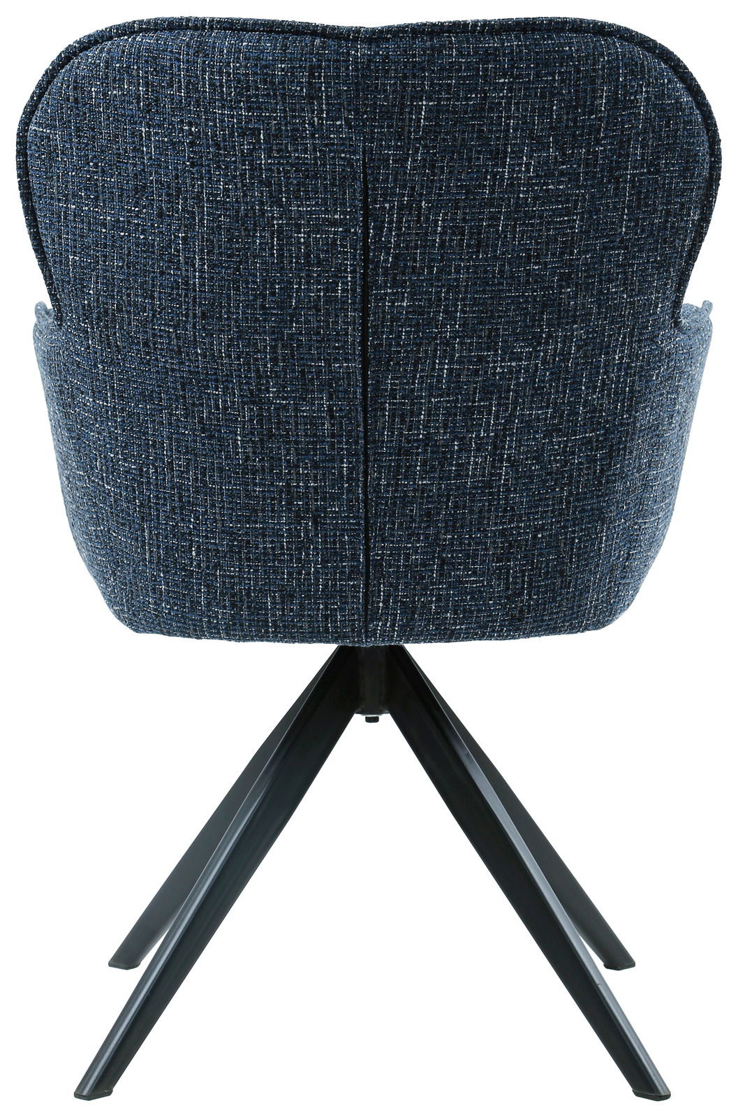 Rückansicht eines Armlehnstuhls mit blauem Stoffbezug und schwarzen Metallbeinen