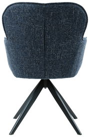 Rückansicht eines Armlehnstuhls mit blauem Stoffbezug und schwarzen Metallbeinen