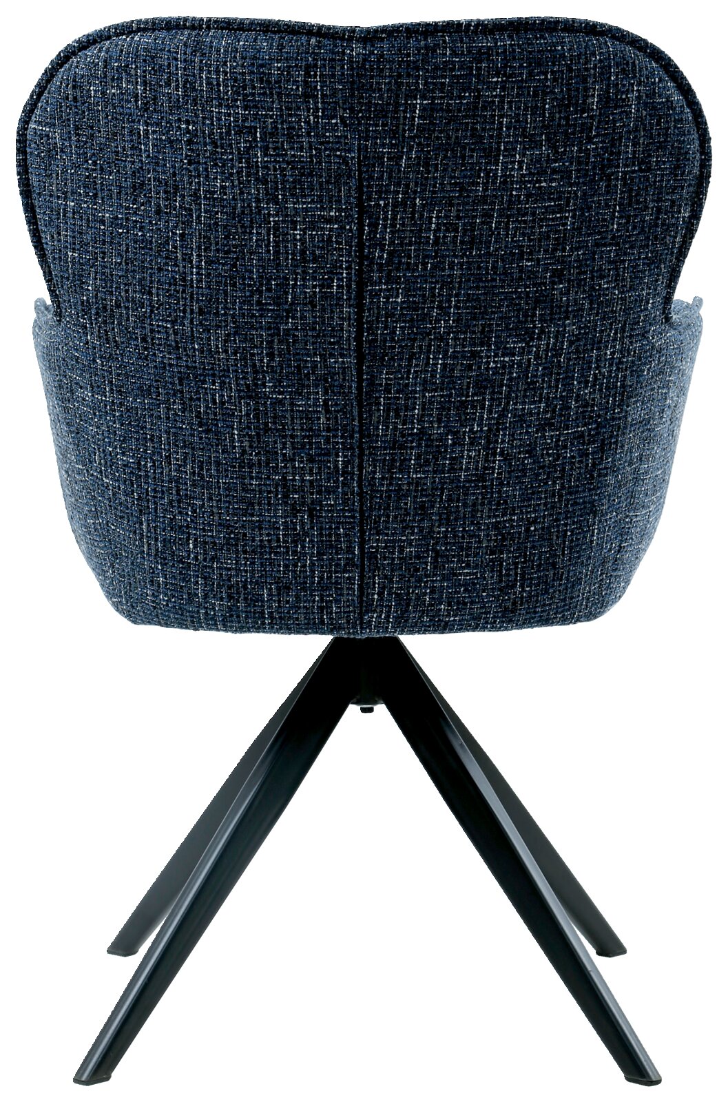 Achterkant van een fauteuil met blauwe stoffen bekleding en zwarte metalen poten