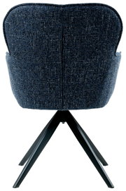 Achterkant van een fauteuil met blauwe stoffen bekleding en zwarte metalen poten