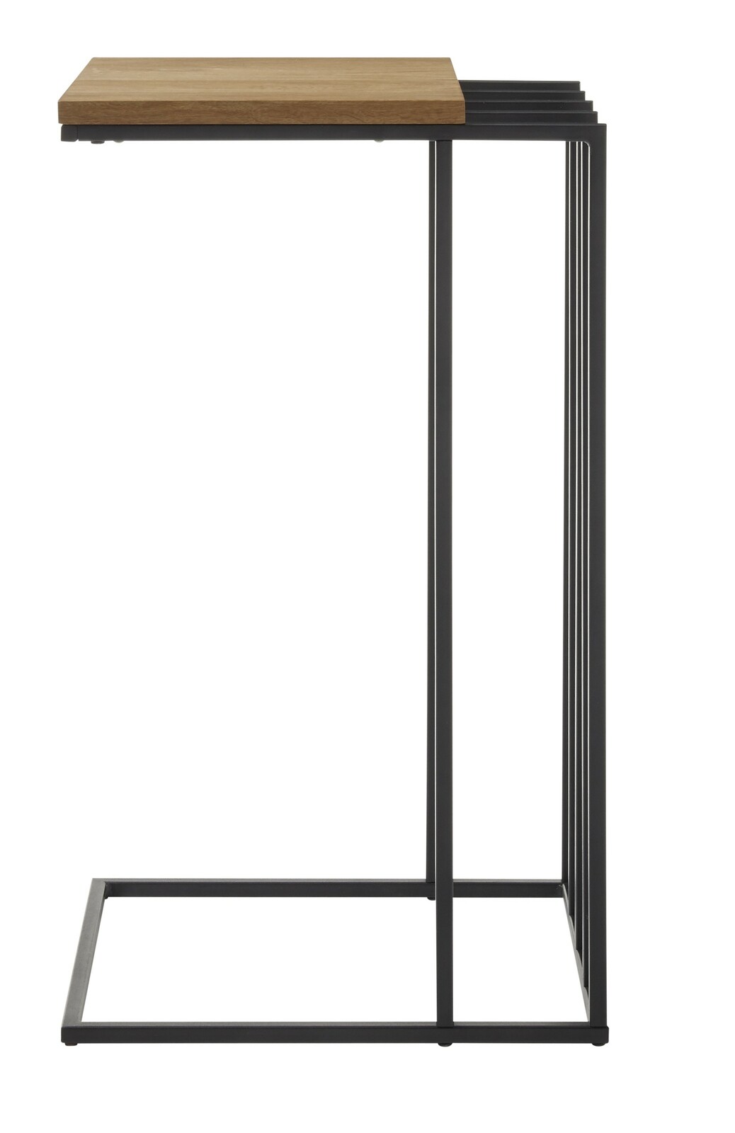 Moderner Beistelltisch mit Holzplatte und schwarzem Metallgestell, Seitenansicht