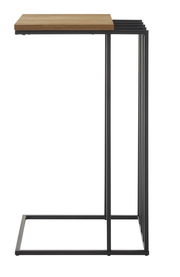 Moderner Beistelltisch mit Holzplatte und schwarzem Metallgestell, Seitenansicht