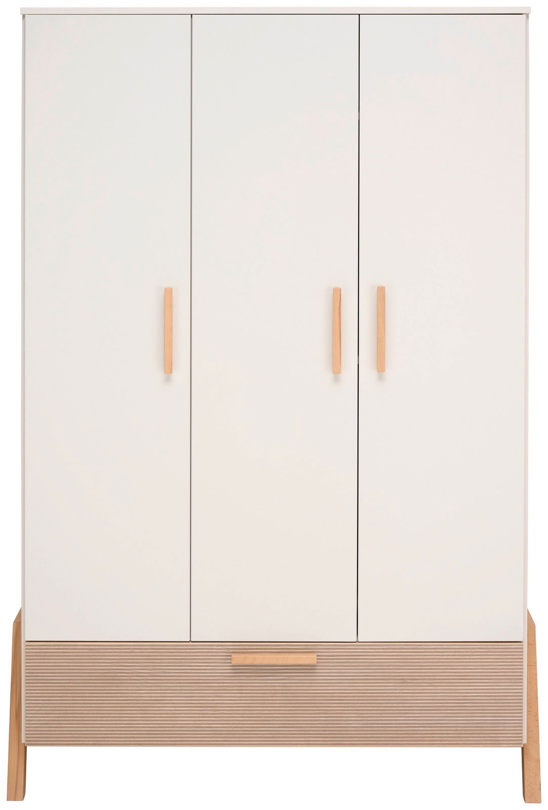 Moderner dreitüriger Kleiderschrank in Weiß mit Holzgriffen und einer Schublade unten, Frontalansicht.