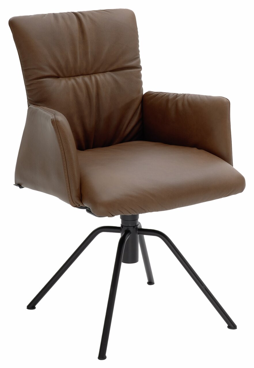 Brauner Sessel mit gepolstertem Sitz und Rückenlehne, auf schwarzem Metallgestell, seitliche Perspektive