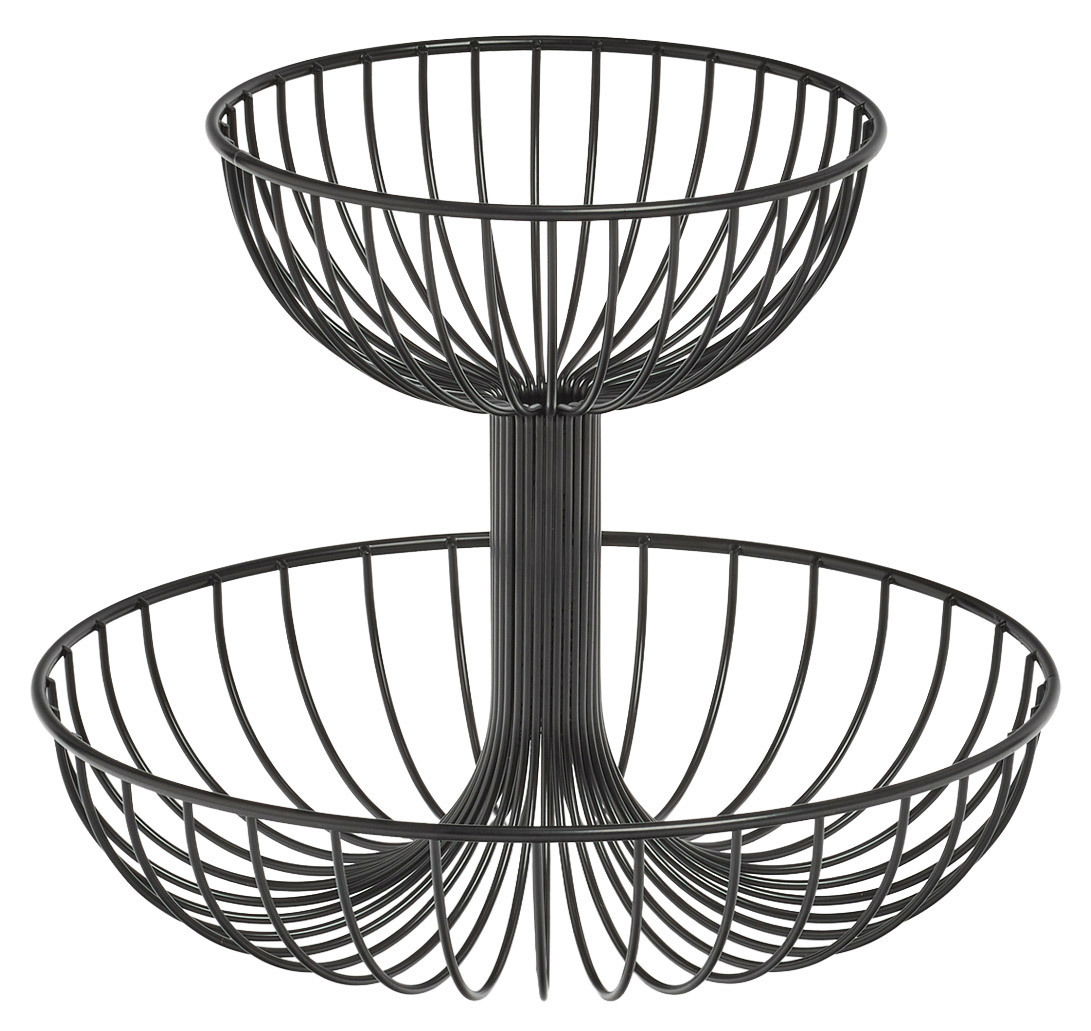 Zweistöckige Obst-Etagere aus schwarzem Metall, seitliche Perspektive