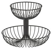 Zweistöckige Obst-Etagere aus schwarzem Metall, seitliche Perspektive