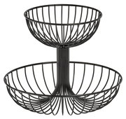 Zweistöckige Obst-Etagere aus schwarzem Metall, seitliche Perspektive