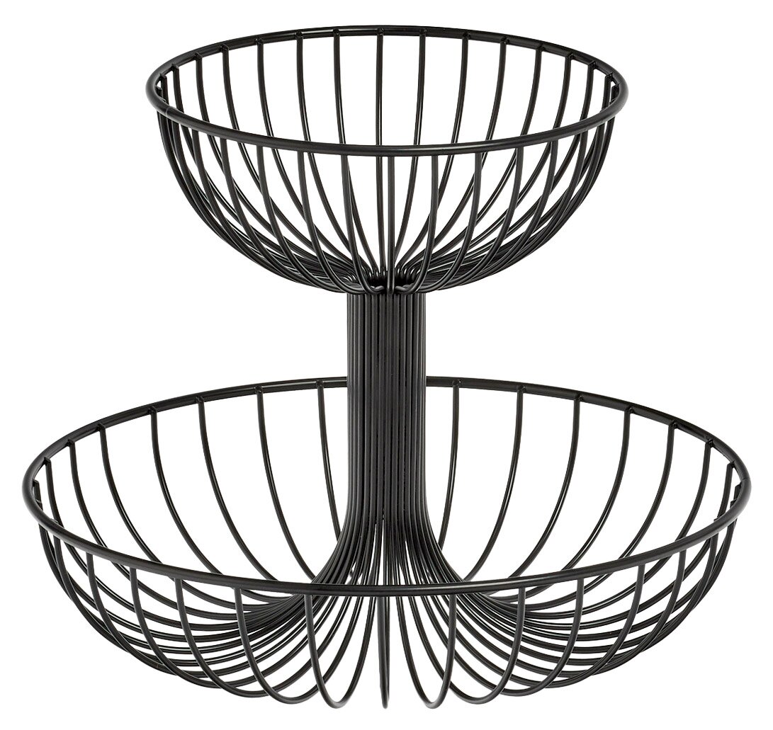 Zweistöckige Obst-Etagere aus schwarzem Metall, seitliche Perspektive