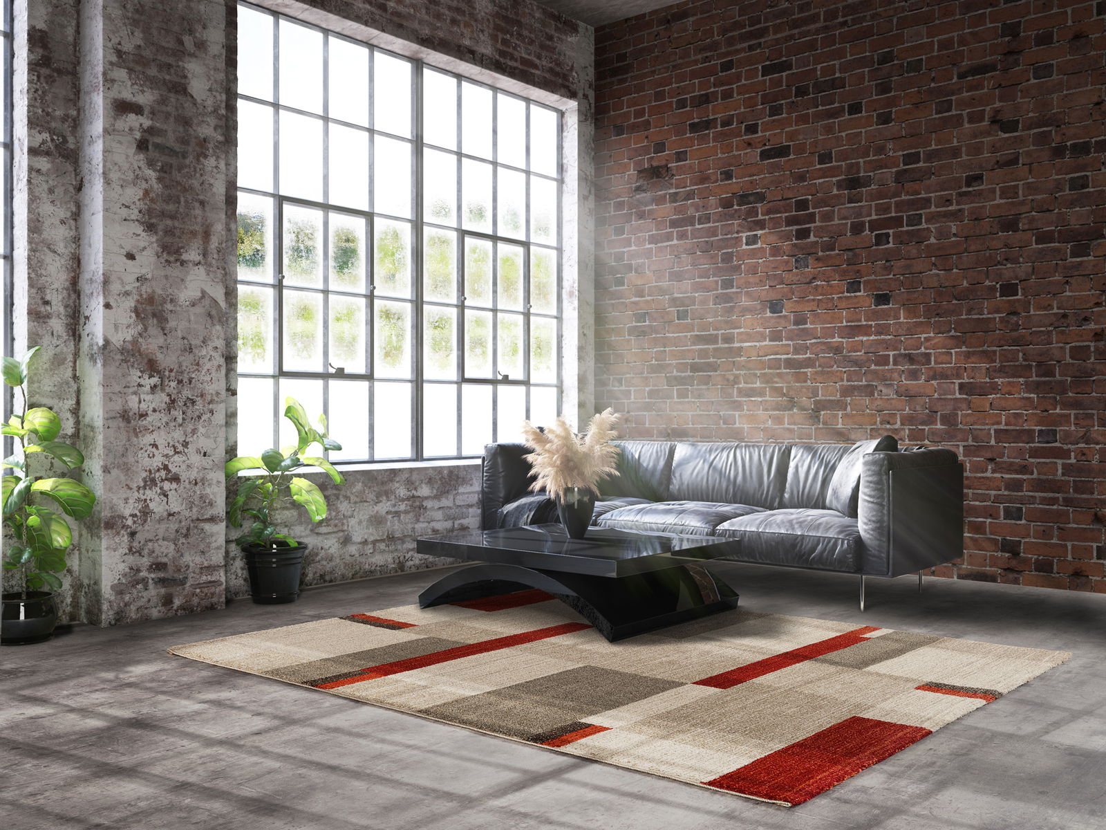 OCI Webteppich 200x250 cm CASTLE BEPPO Moderner Wohnzimmerteppich in einem industriellen Loft mit Backsteinwänden, großen Fenstern und einem schwarzen Ledersofa, Perspektive von vorne.