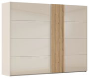 Zweiflügeliger Schwebetürenschrank in heller Farbe mit vertikalen Holzstreifen, Frontalansicht