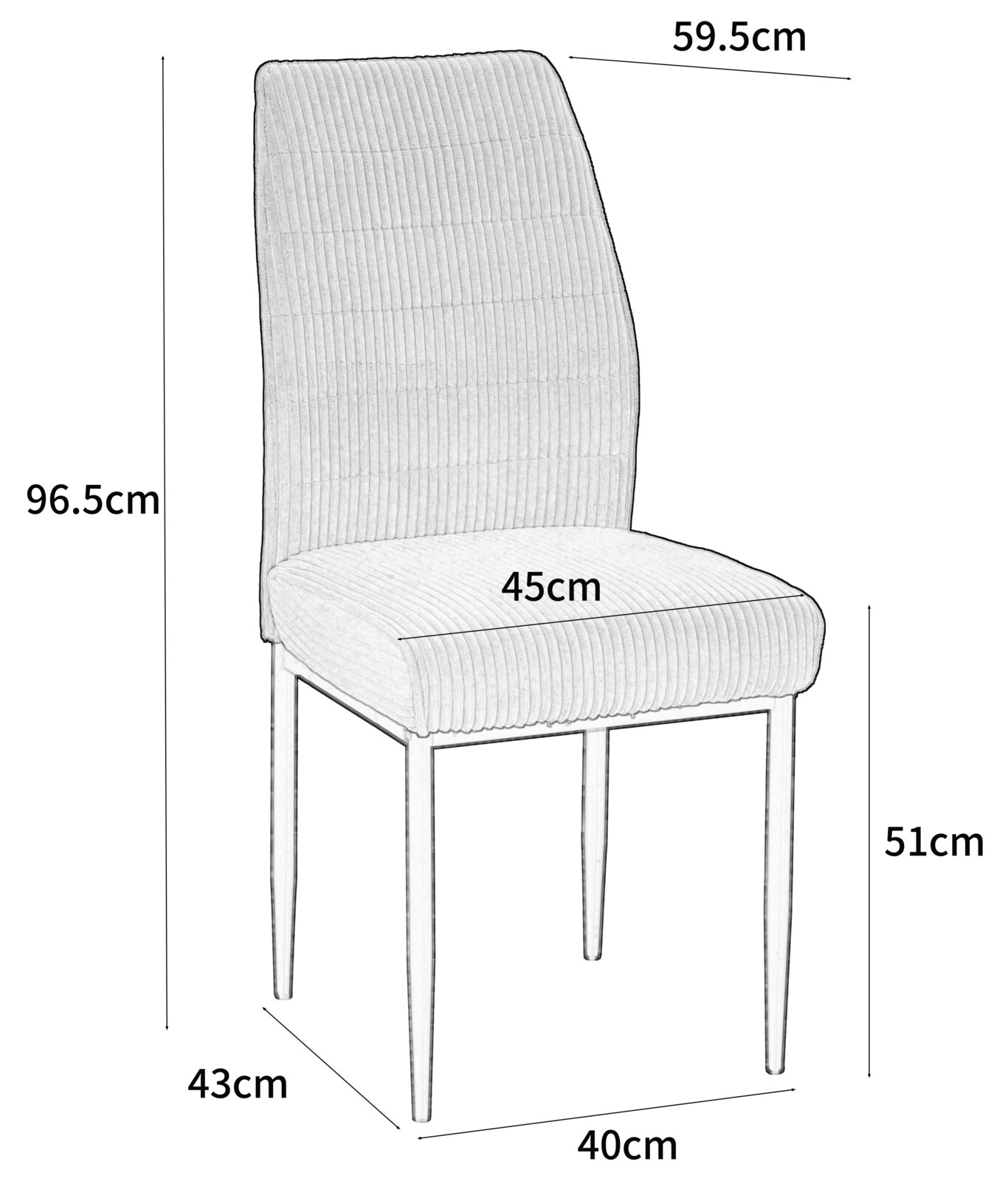 Weißer Polsterstuhl mit gerippter Stoffpolsterung und schlanken Metallbeinen, perspektivische Ansicht von schräg vorne, mit Maßangaben (Höhe 96,5 cm, Breite 40 cm, Tiefe 43 cm, Sitzhöhe 51 cm, Sitztiefe 45 cm, Rückenbreite 59,5 cm).