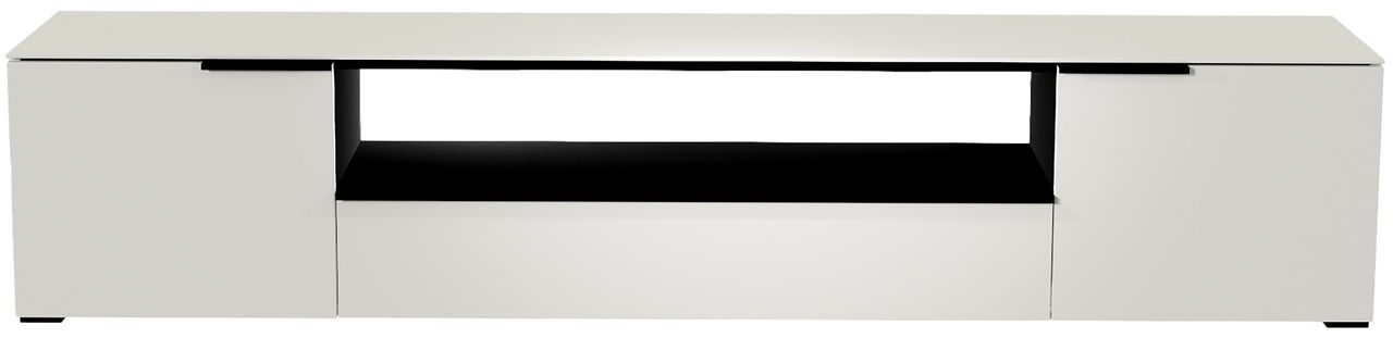 Moderano XL TV-Lowboard BORMIO Frontansicht eines weißen XL TV-Lowboards mit zwei Türen und einem offenen Fach in der Mitte.