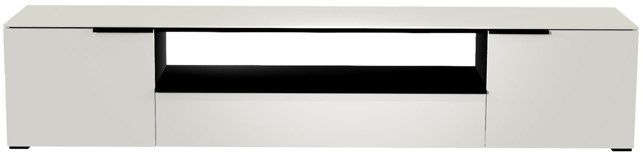 Frontansicht eines weißen XL TV-Lowboards mit zwei Türen und einem offenen Fach in der Mitte.