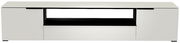 Frontansicht eines weißen XL TV-Lowboards mit zwei Türen und einem offenen Fach in der Mitte.