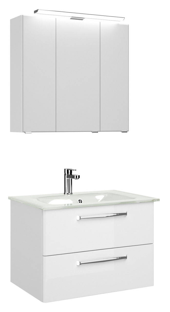 Pelipal Badblock TRENTINO Moderner weißer Badblock mit Spiegelschrank und Waschbecken, frontale Ansicht