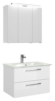 Moderner weißer Badblock mit Spiegelschrank und Waschbecken, frontale Ansicht