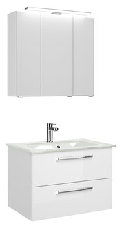 Moderner weißer Badblock mit Spiegelschrank und Waschbecken, frontale Ansicht