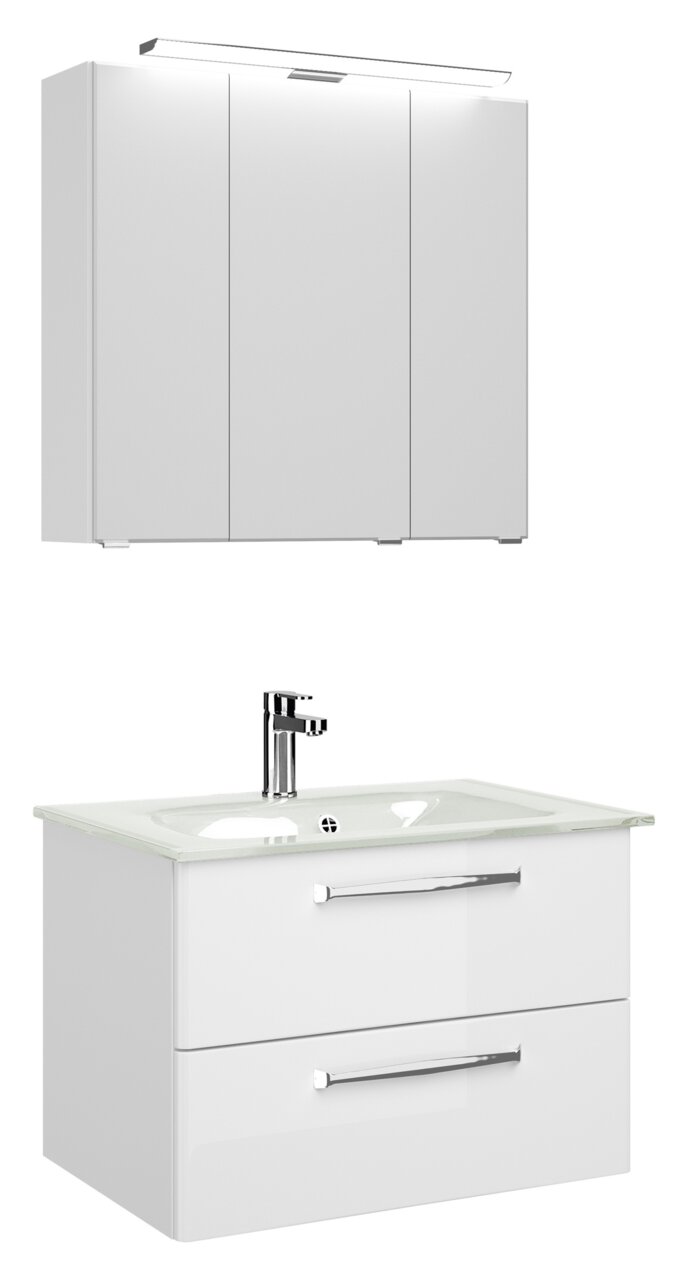 Moderner weißer Badblock mit Spiegelschrank und Waschbecken, frontale Ansicht