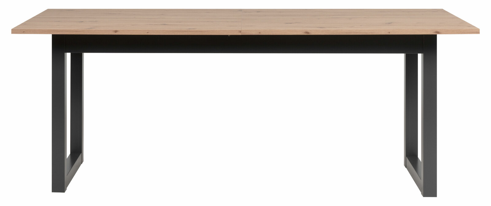 Moderner Esstisch mit Holzplatte und schwarzen Metallbeinen, Frontalansicht.