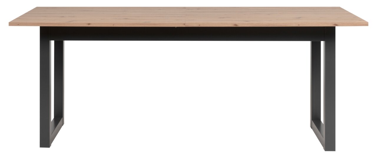 Moderner Esstisch mit Holzplatte und schwarzen Metallbeinen, Frontalansicht.