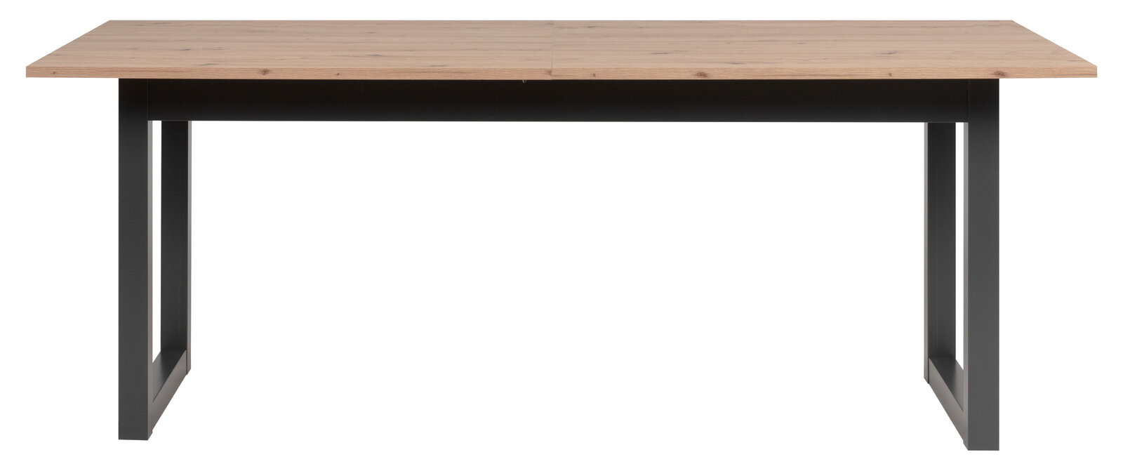 Moderner Esstisch mit Holzplatte und schwarzen Metallbeinen, Frontalansicht.